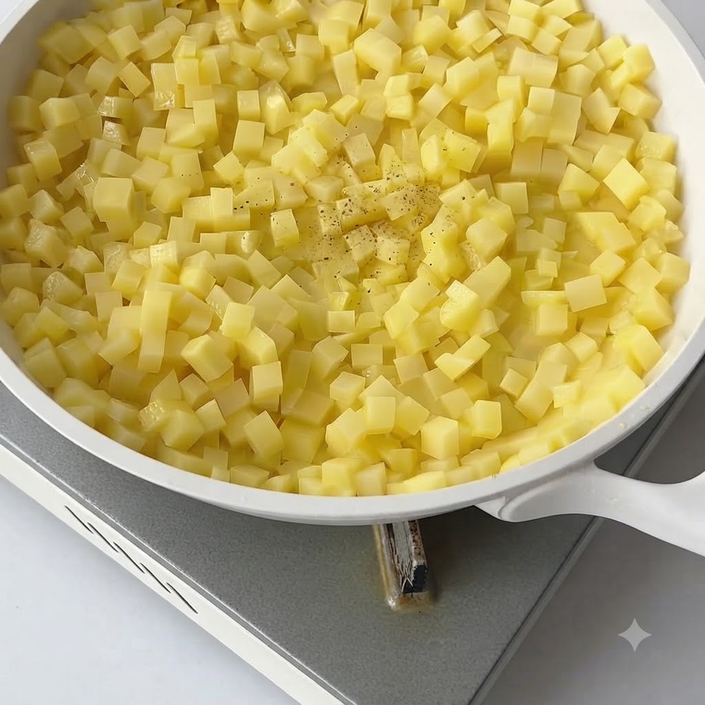 Black pepper and black truffle sauce being added to the potatoes in the pan.