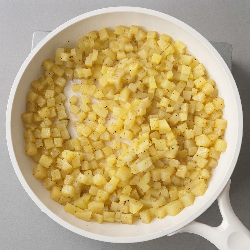 Cornstarch being mixed into the potato mixture in the pan using a spatula.