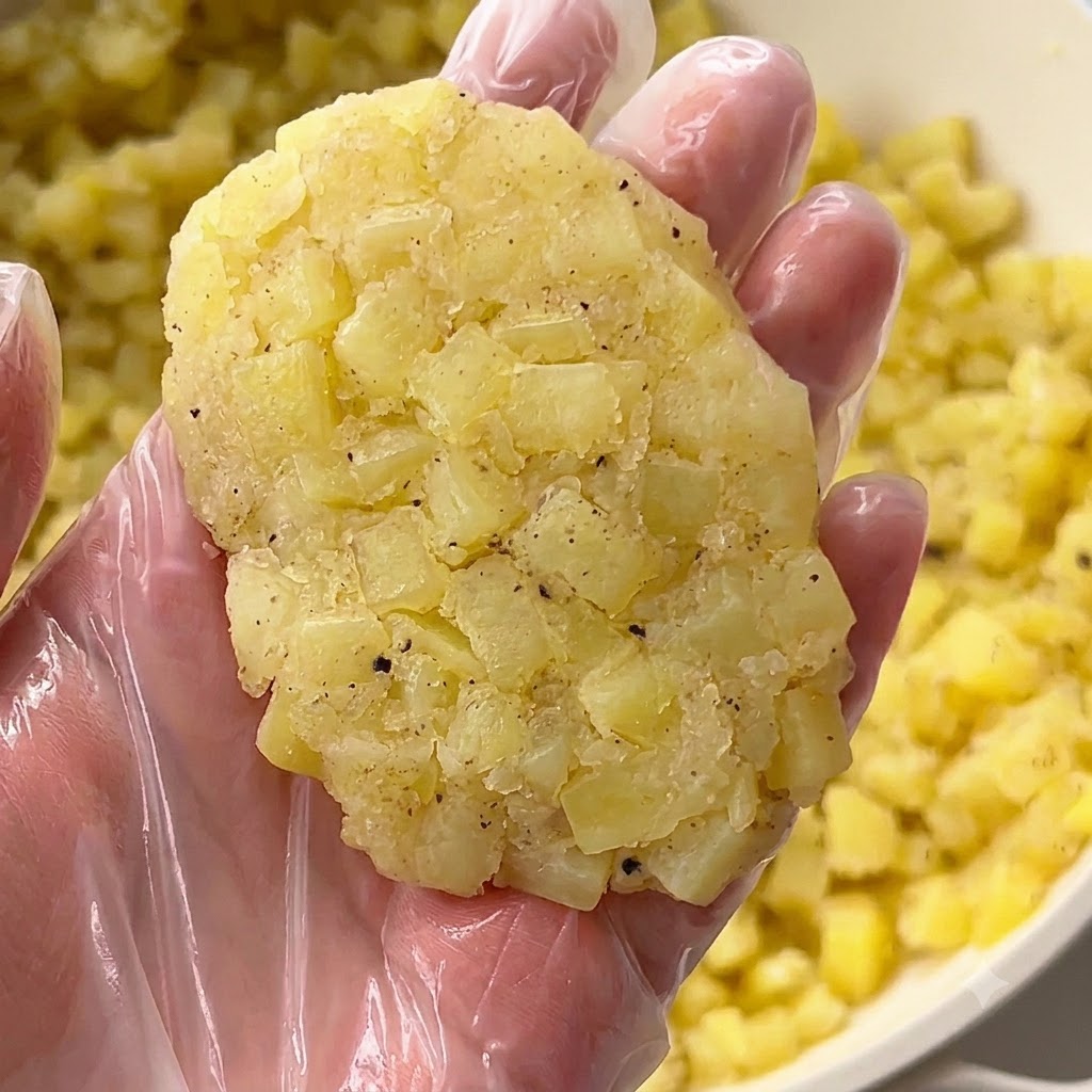Gloved hands shaping the potato mixture into an oval patty.