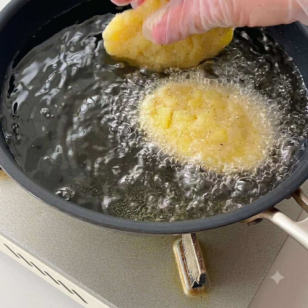 Shaped potato patties being dropped into bubbling hot oil in a frying pan.