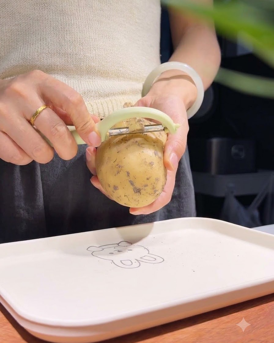 A close-up of hands holding a raw potato and peeling the skin off using a green vegetable peeler.