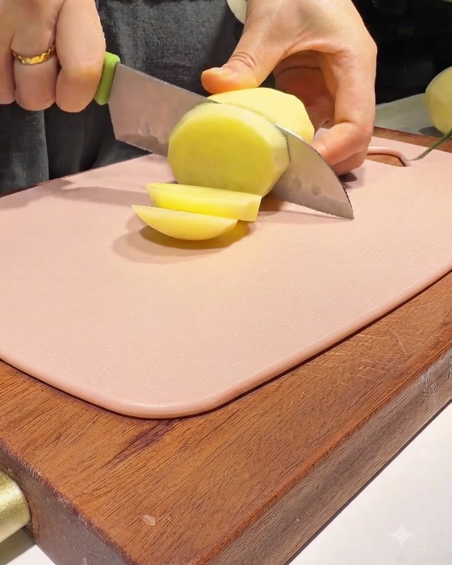 A kitchen knife slicing a peeled potato into thick circular rounds on a pink cutting board.