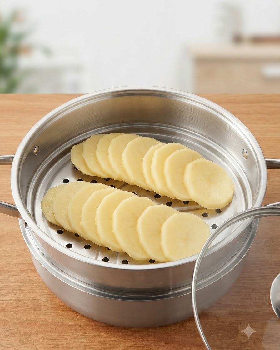 Thick potato slices neatly arranged inside a stainless steel steamer basket.