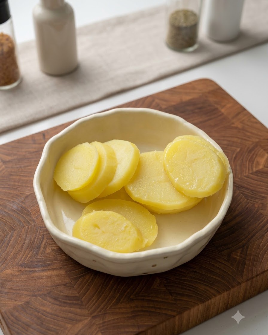 Steamed potato slices inside a ceramic bowl being mashed with a green plastic mashing tool.