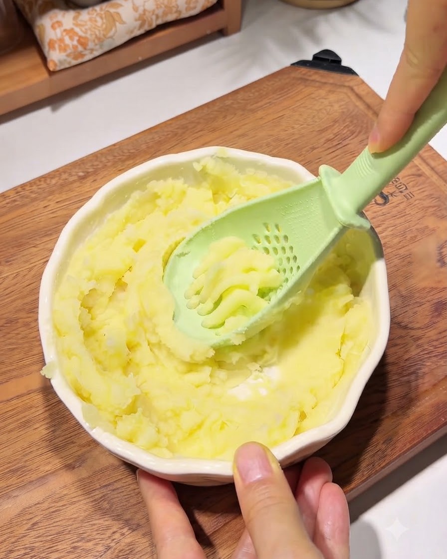 Starch powder being mixed into mashed potatoes inside a bowl using utensils.