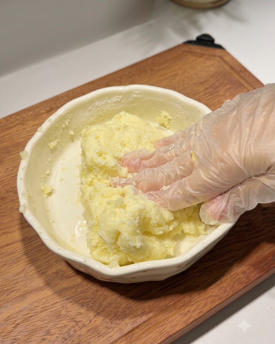 Hands wearing plastic gloves kneading a potato and starch dough mixture inside a ceramic bowl.