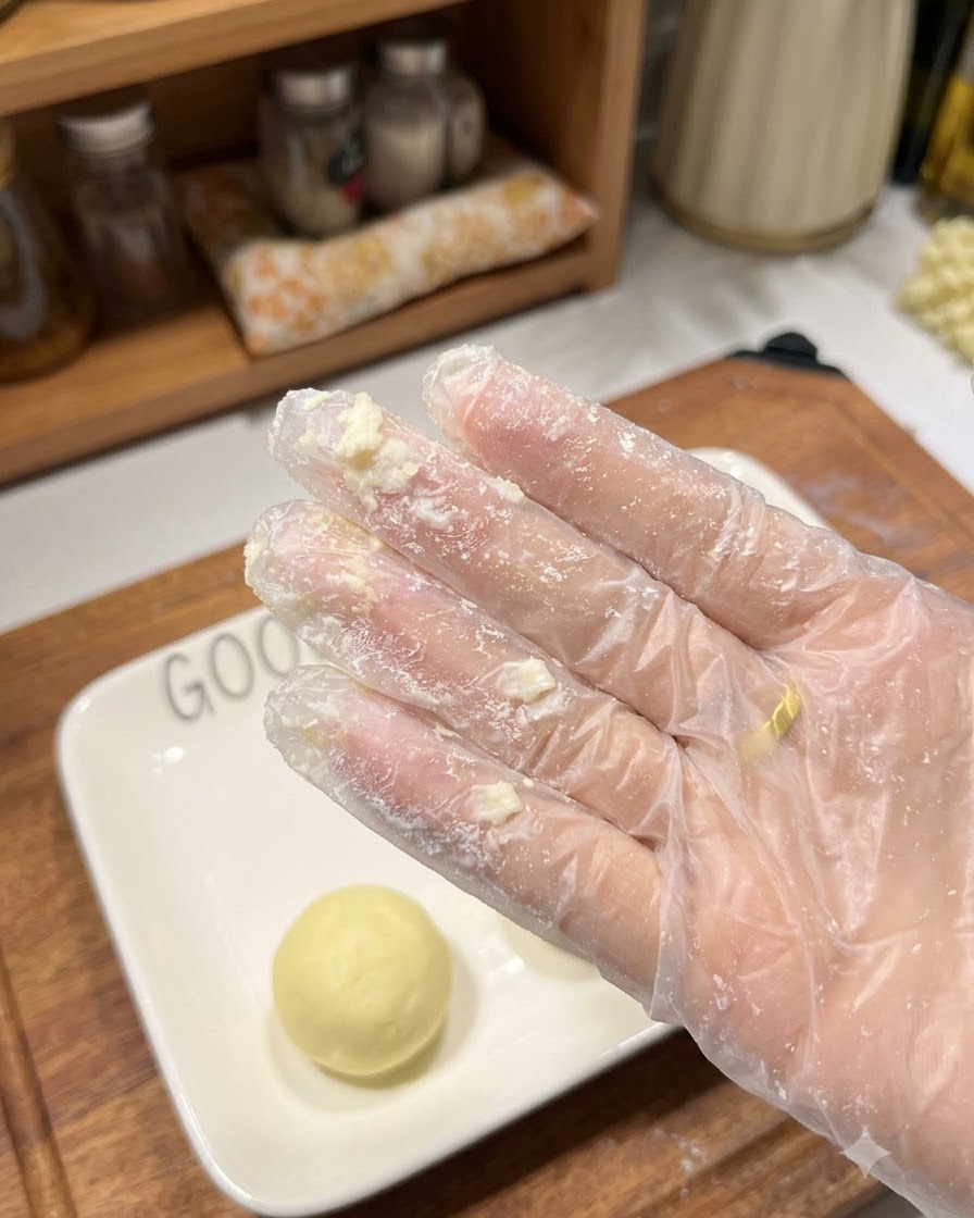 A small uniform round ball of potato dough resting on a square white plate next to a gloved hand covered in starch.
