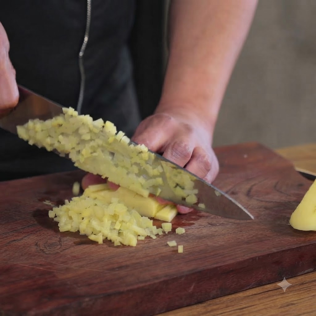 A kitchen knife cutting peeled potatoes into small dice on a wooden board.