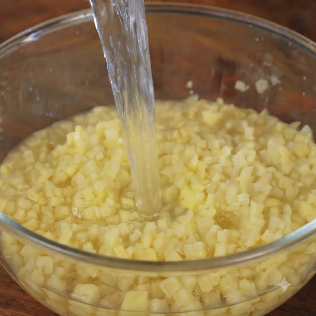 Water being poured into a bowl of diced potatoes for rinsing.