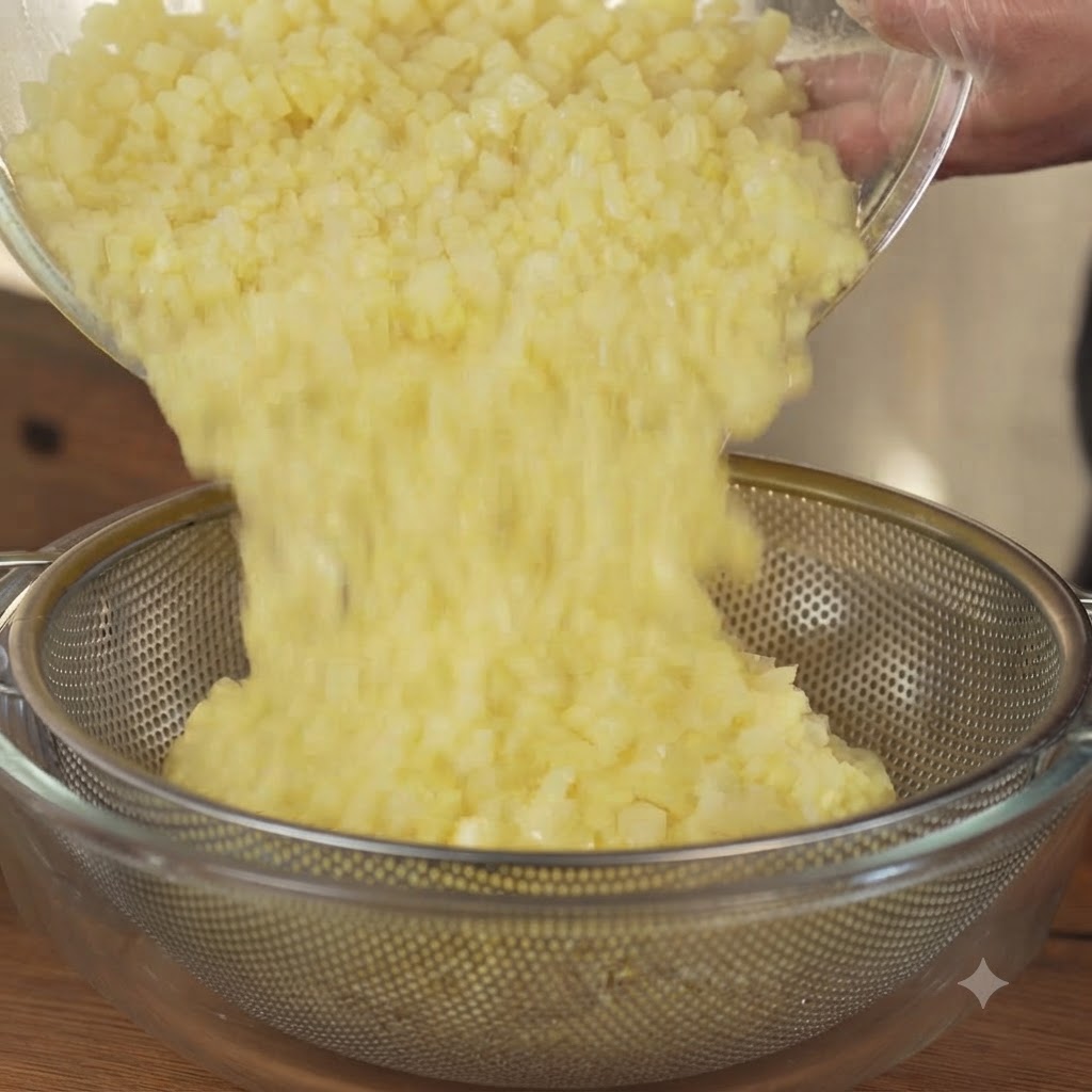 Washed potato dice being poured into a metal mesh strainer over a bowl.