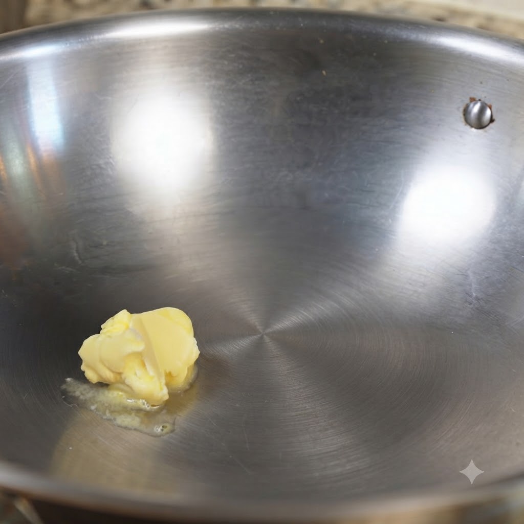 A piece of yellow butter melting in a stainless steel wok.