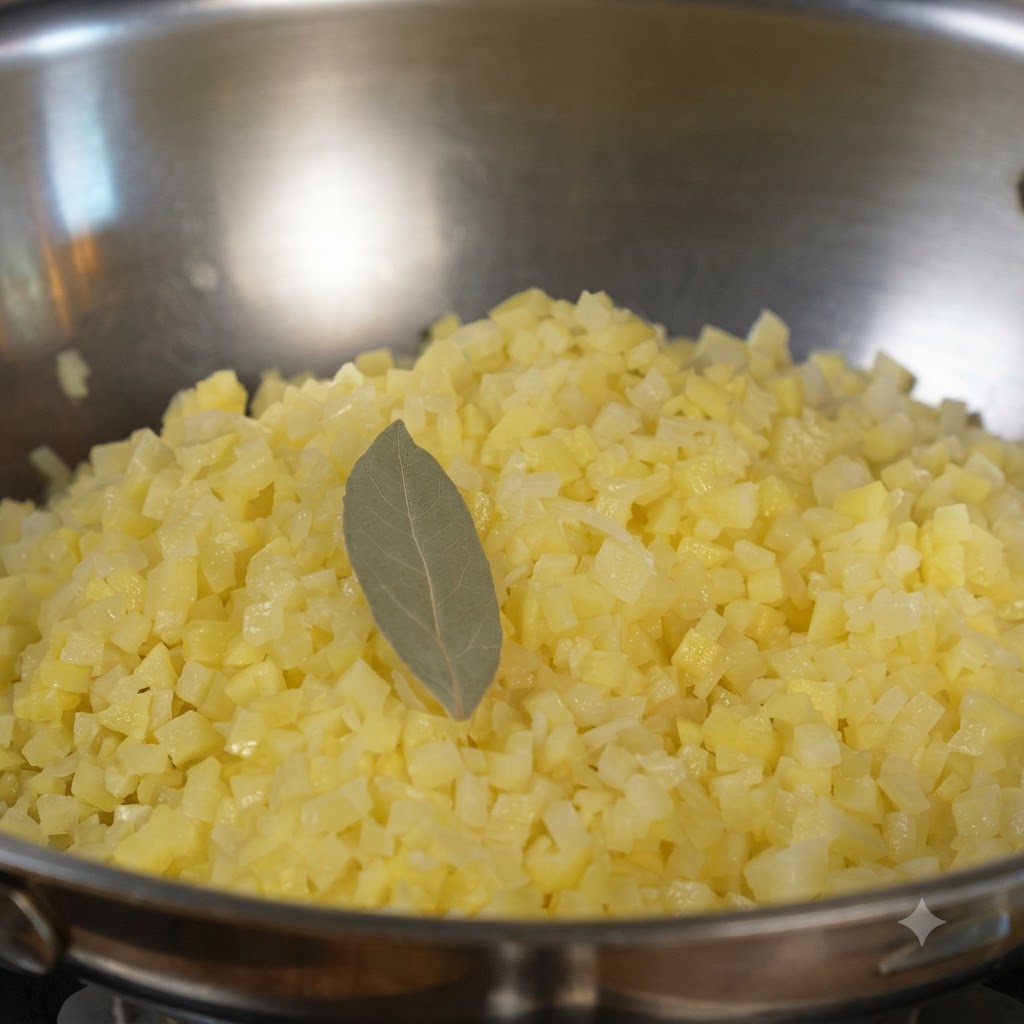 Diced potatoes stir-frying in a pan with a bay leaf, black pepper, and salt.