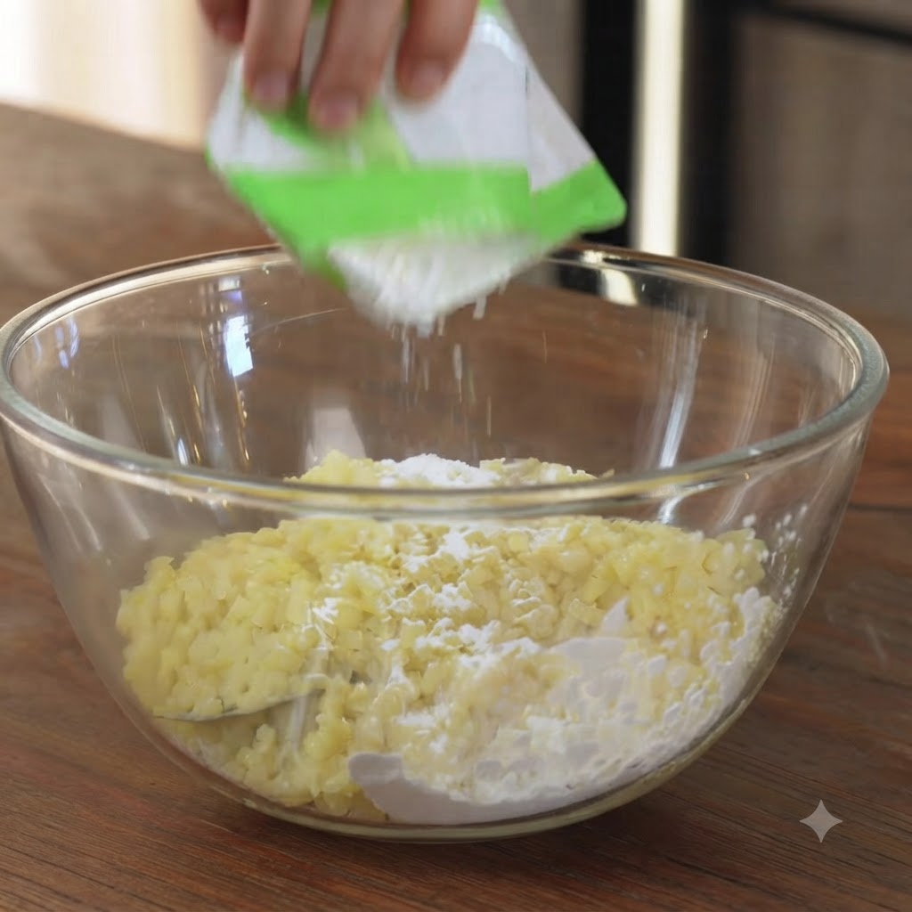 Cornstarch being poured into a bowl of cooked potato pieces.