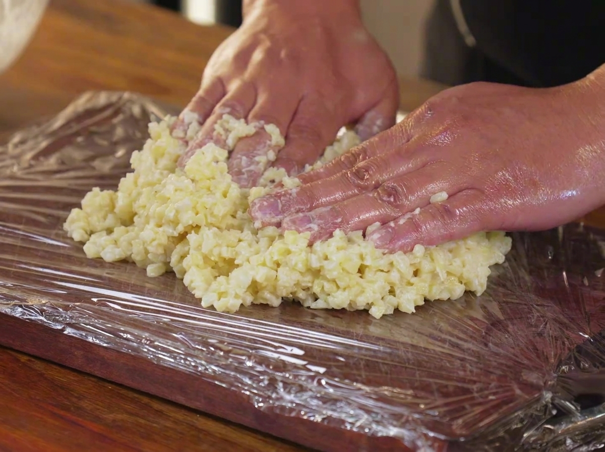 Hands pressing the diced potato and cornstarch mixture flat on a plastic-wrapped wooden cutting board.