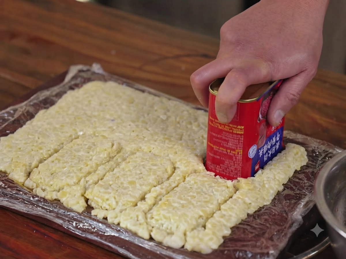A hand using a red metal canned food container to stamp out rectangular hash brown shapes from the flattened potato layer.