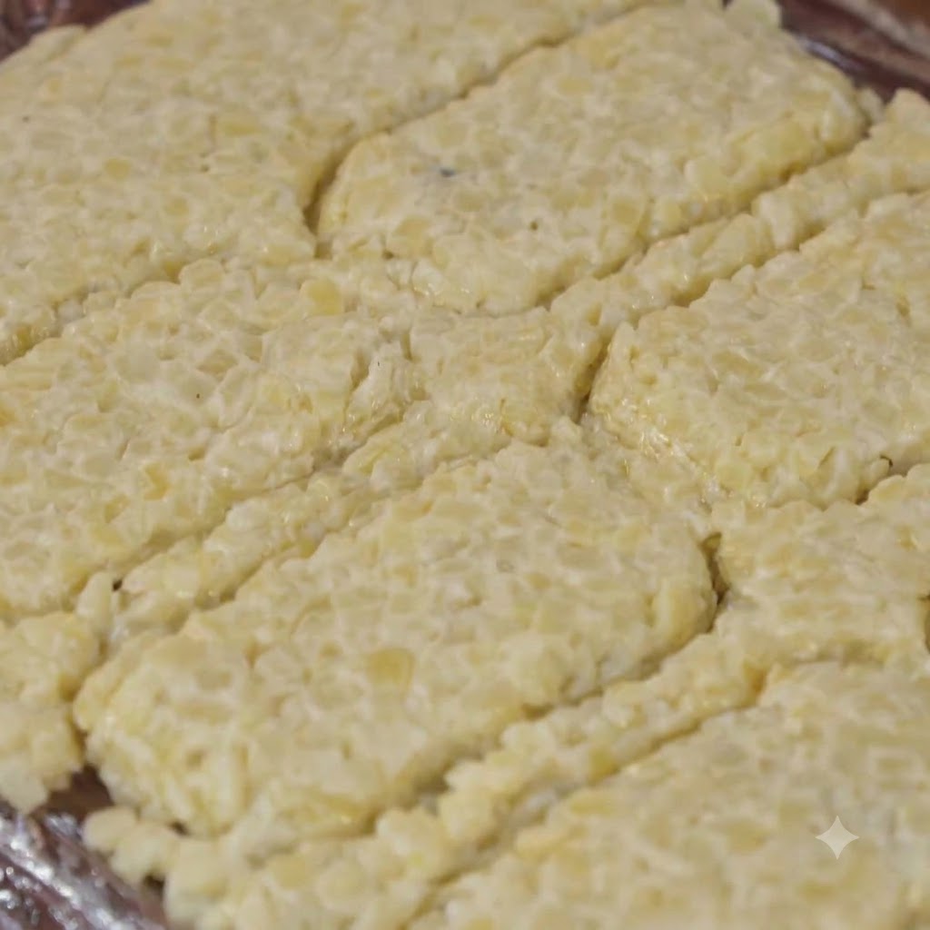 Close-up view of multiple cut rectangular potato patties laid out on plastic wrap before frying.