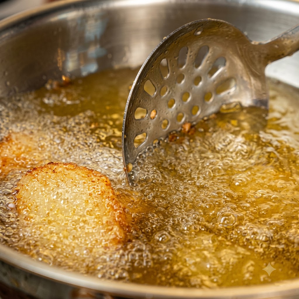 A slotted spoon lifting a golden-brown crispy hash brown patty out of boiling cooking oil in a wok.