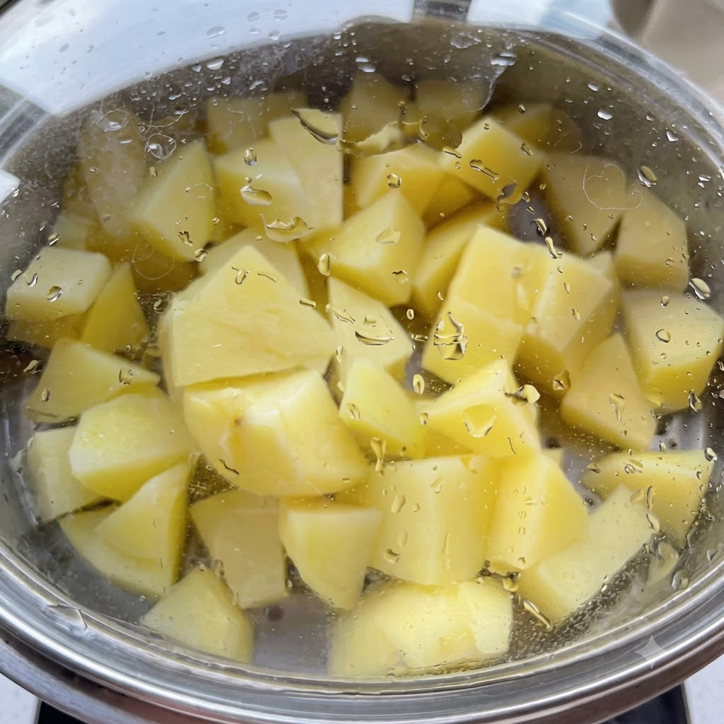 Potato chunks cooking inside a covered glass pot with steam condensation on the lid.