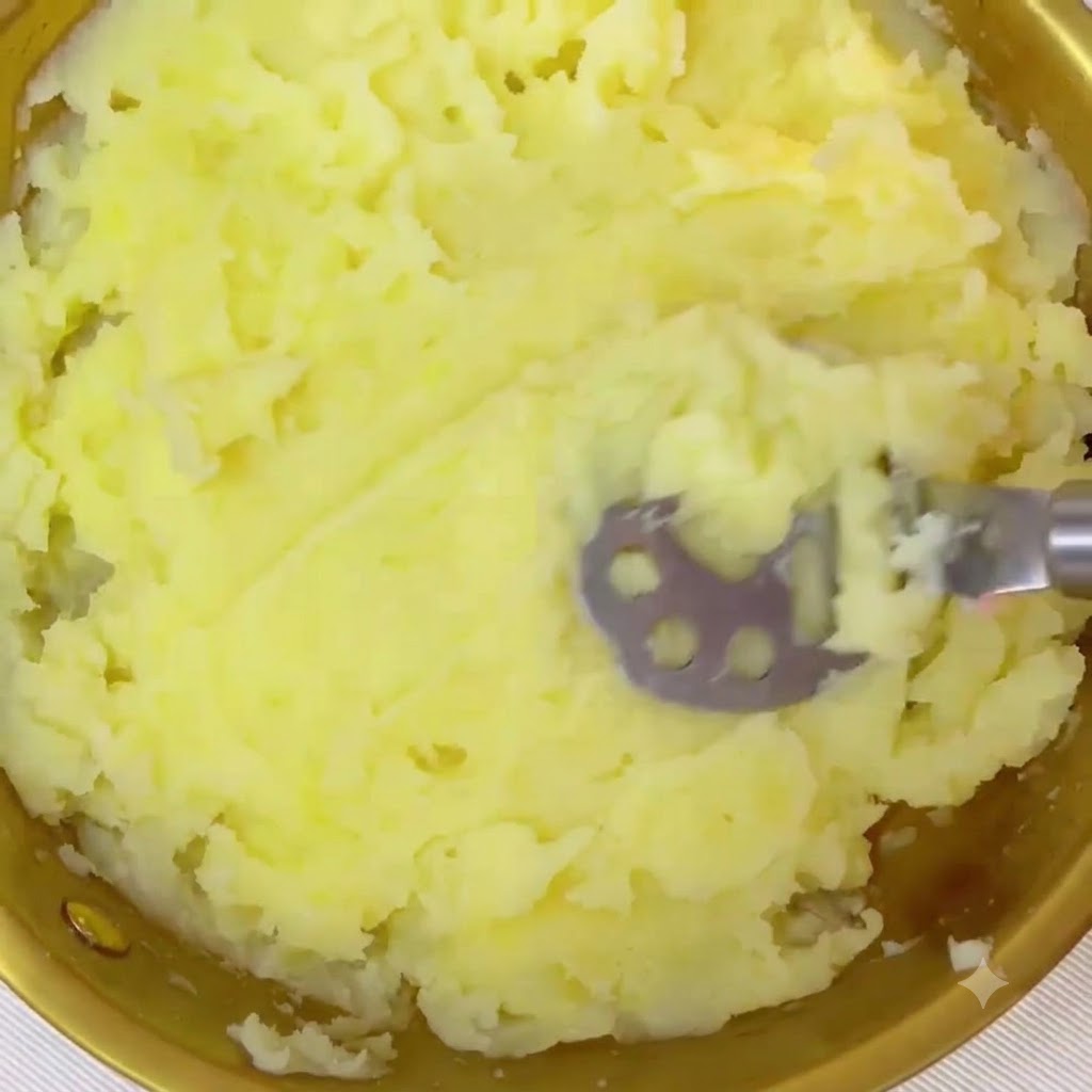 Mashed potatoes being worked into a smooth texture inside a gold bowl using a hand masher.