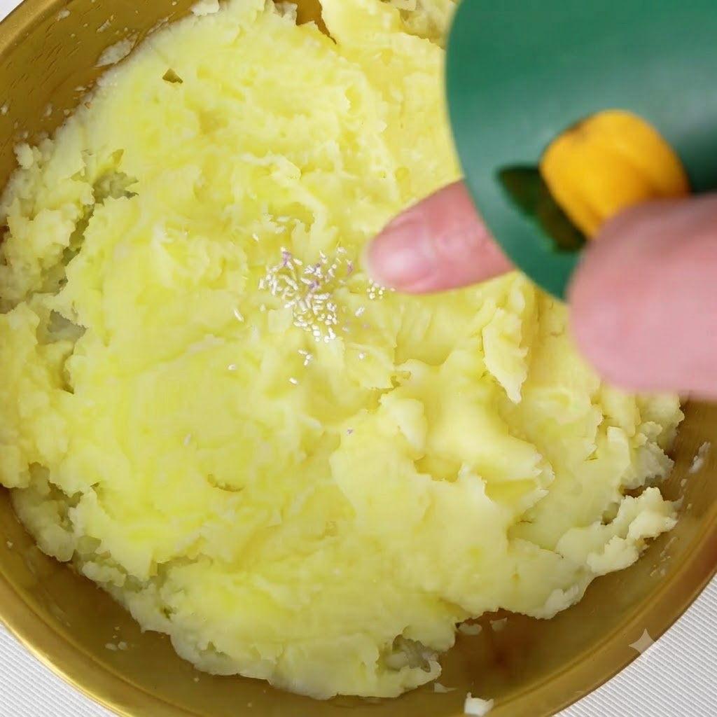 Fruit and vegetable salt being dispensed from a green container onto the surface of the mashed potatoes.