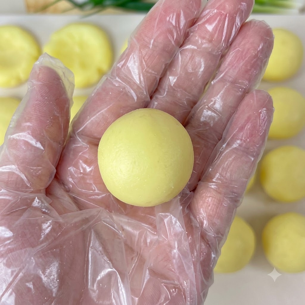 A hand wearing a plastic glove holding a round ball of potato puree.