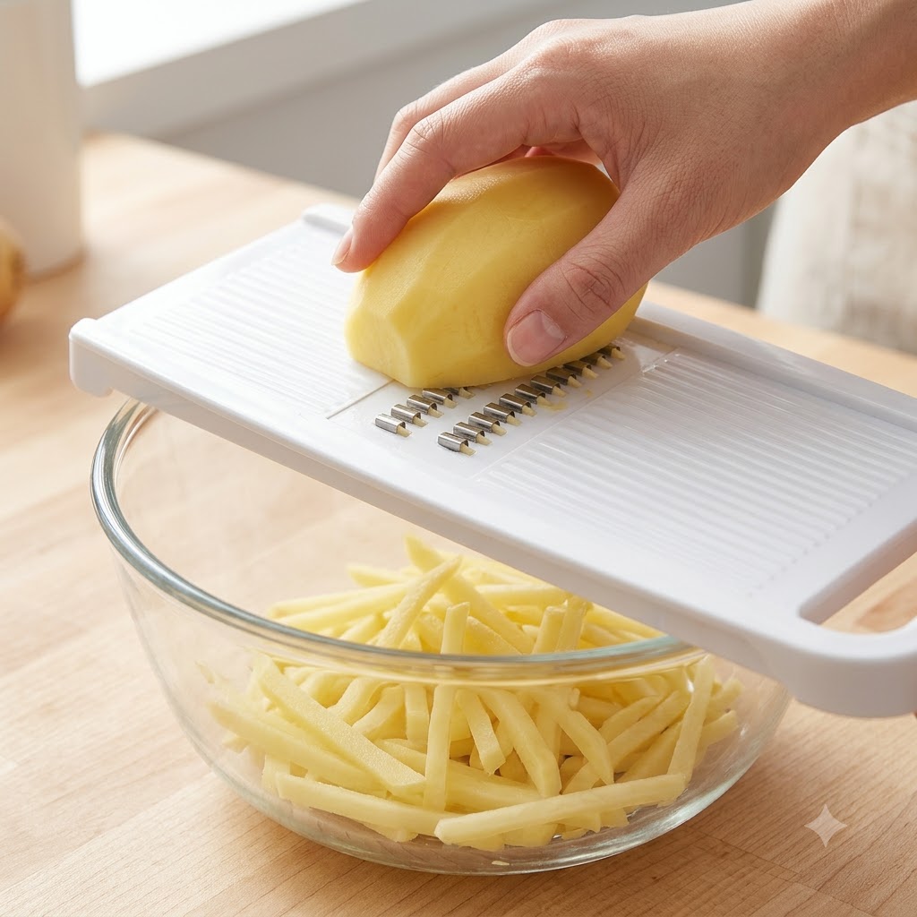 A hand sliding a peeled potato across a white mandoline slicer, dropping potato shreds into a clear glass bowl below.