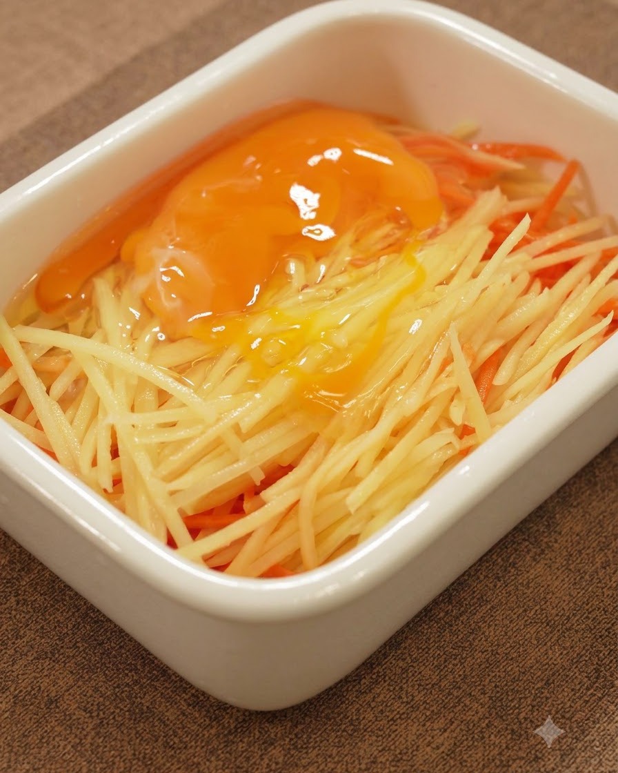 Fresh eggs cracked on top of shredded potatoes and carrots inside a white rectangular container.