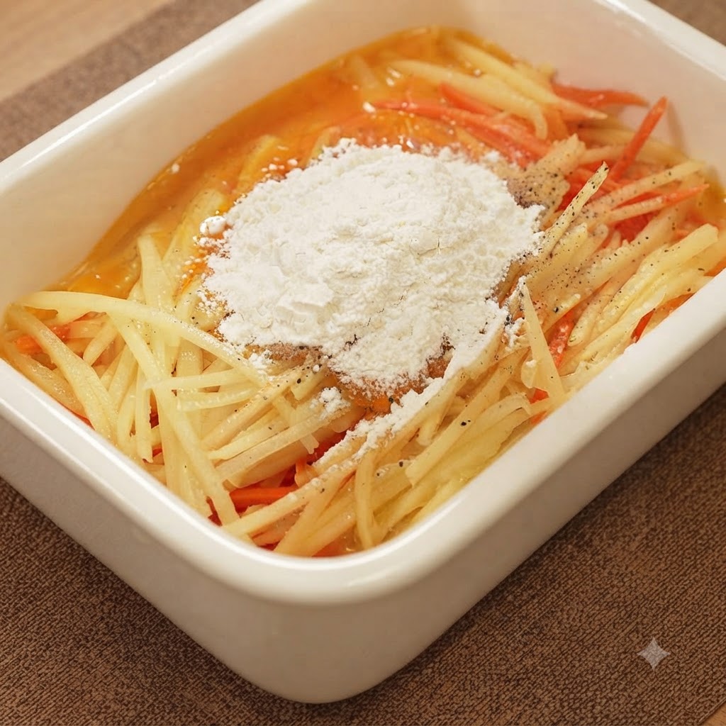 A heap of white flour and seasonings placed on top of shredded vegetables and eggs in a white container.