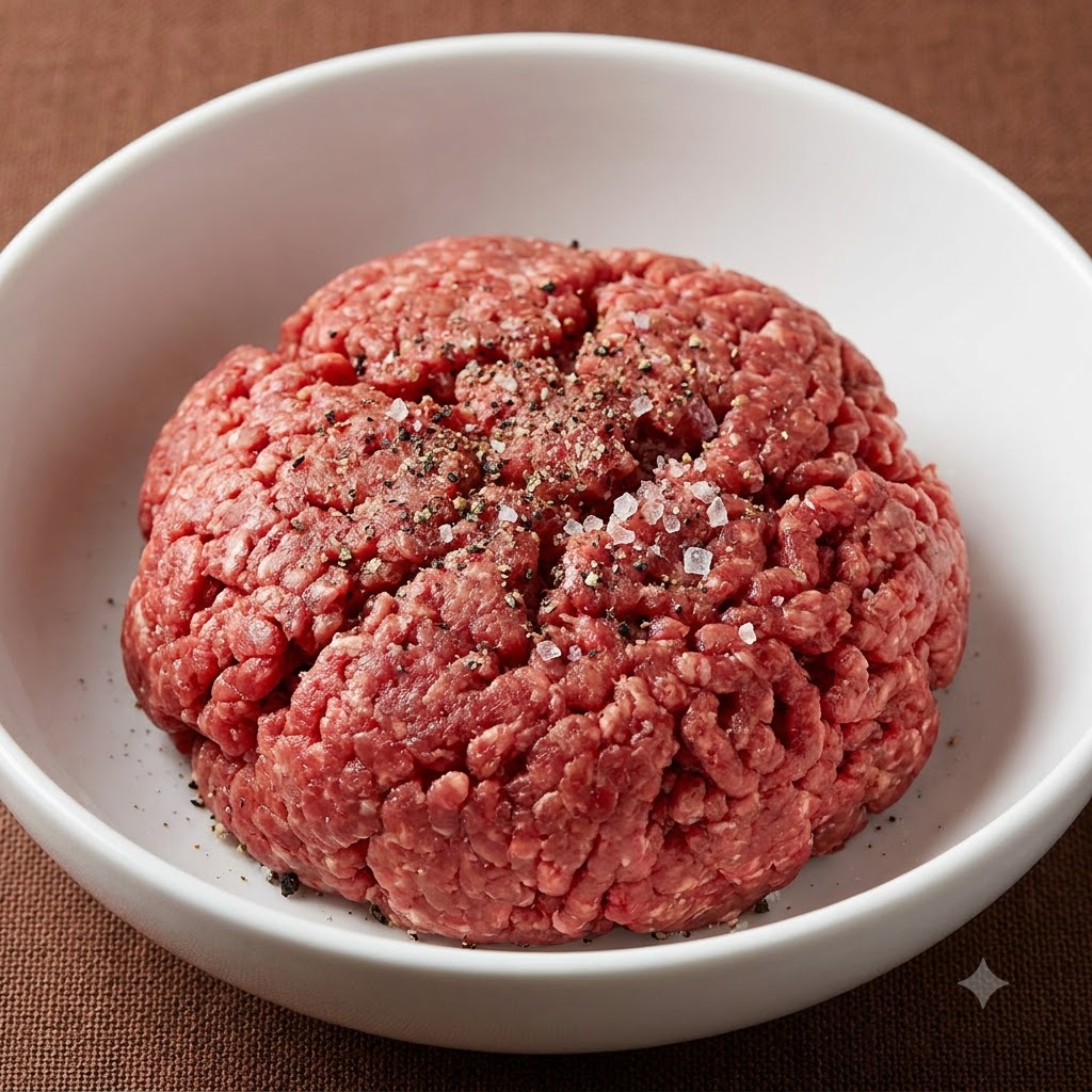 A mound of raw minced meat in a white bowl, sprinkled with black pepper and sea salt crystals.