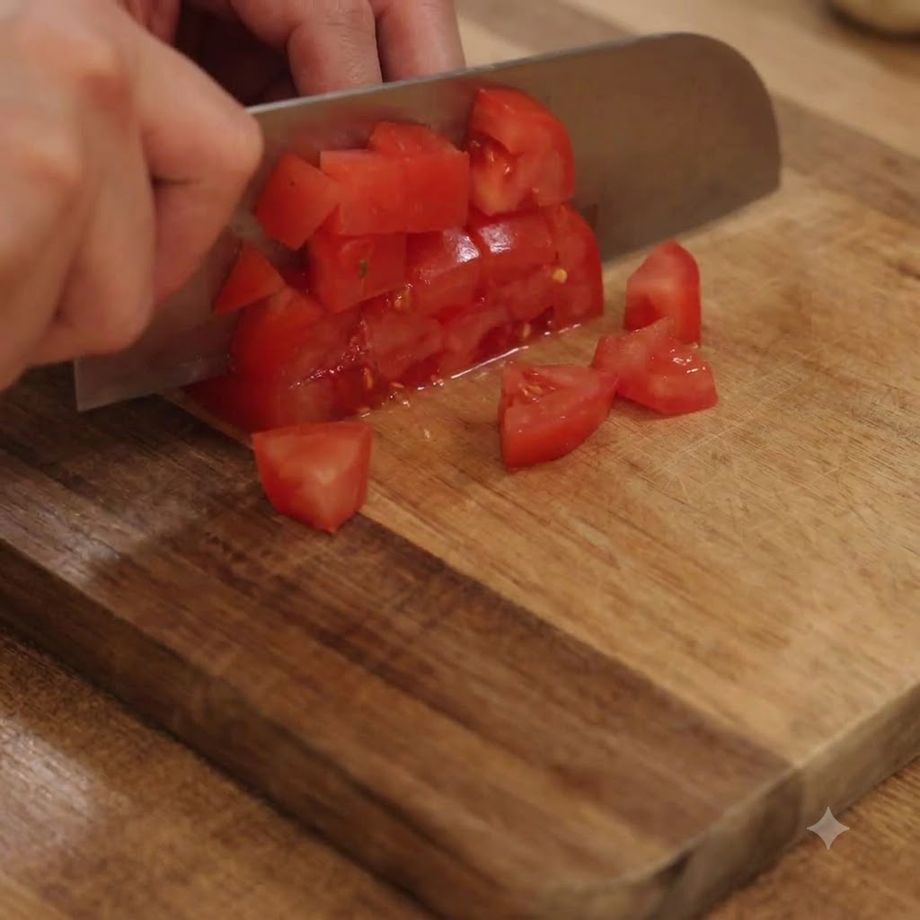A hand using a kitchen knife to dice red tomatoes into small cubes on a wooden cutting board.