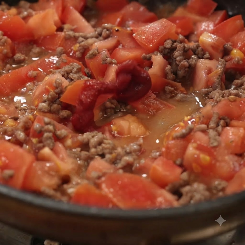 Chopped tomatoes and tomato paste mixed into cooked minced meat inside a frying pan.