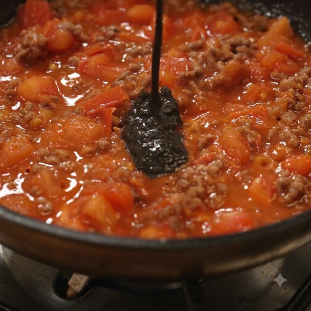 Black truffle sauce being stirred into a simmering tomato and minced meat sauce in a pan.