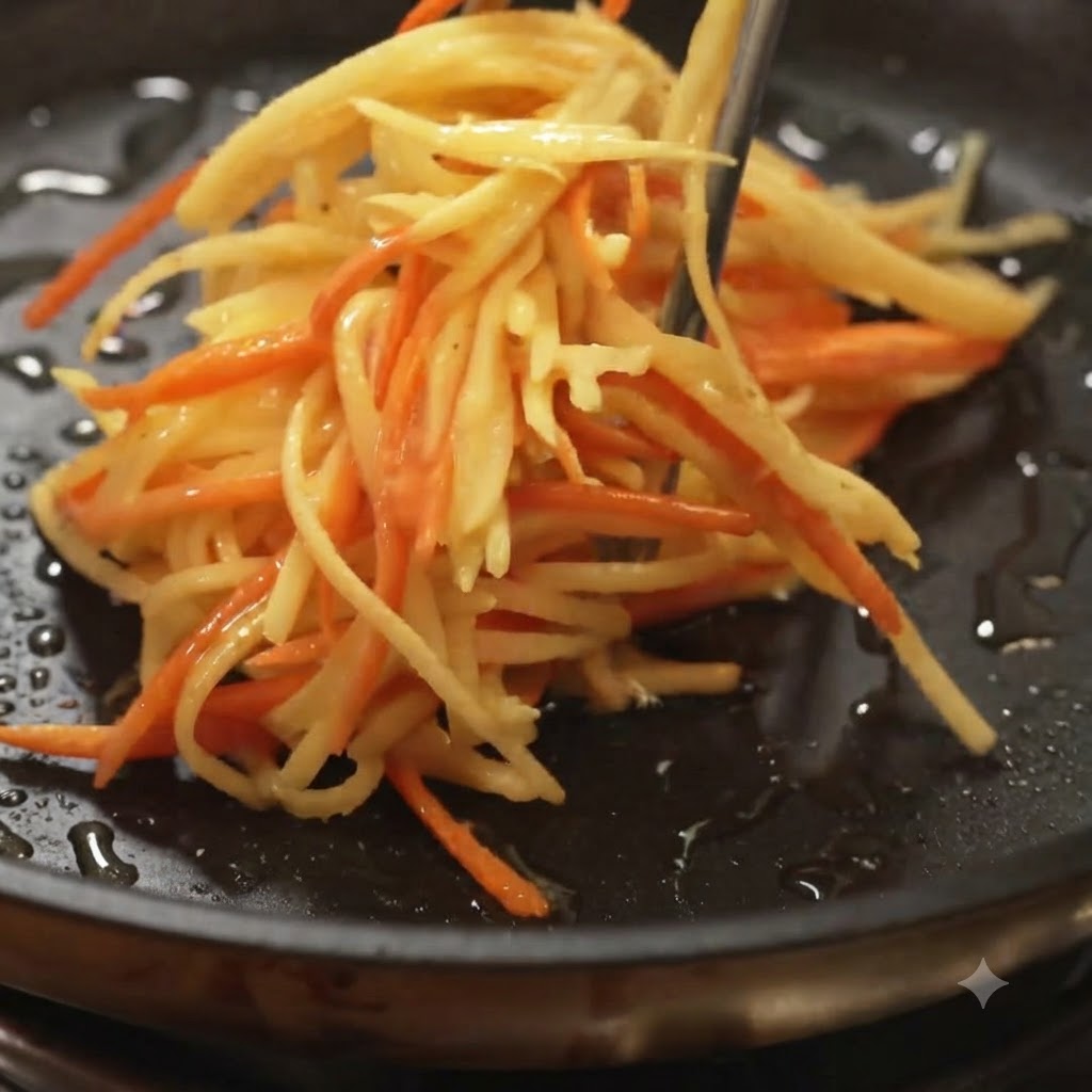 Shredded potato and carrot mixture being placed into a hot oiled pan with tongs.