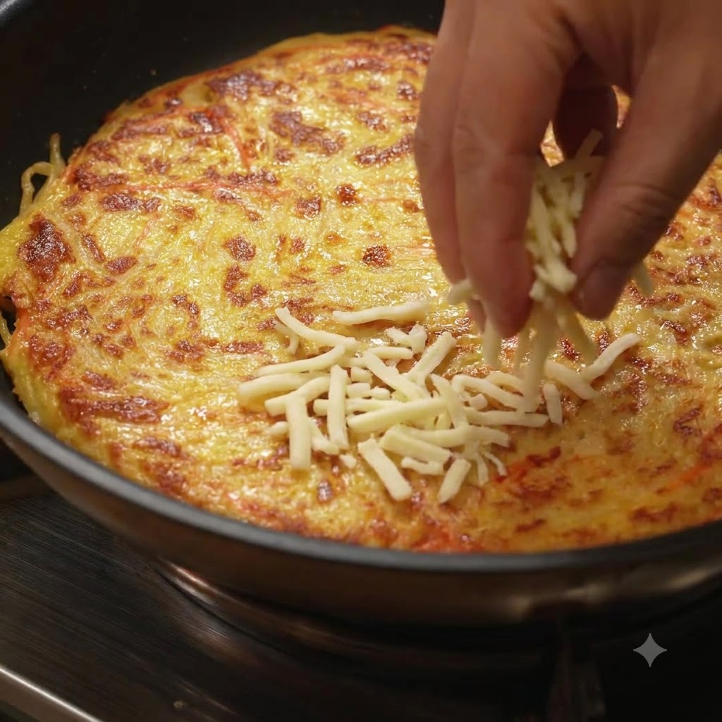 A golden-brown potato pancake being flipped in a pan using a large plate.