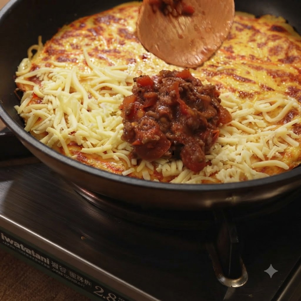 Shredded cheese and tomato meat sauce being placed onto one half of a potato pancake in a pan.