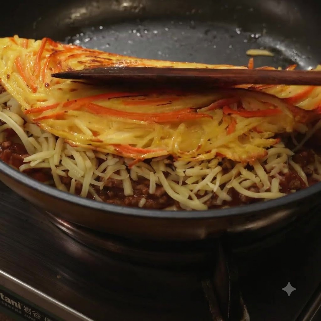 A spatula folding a golden potato pancake in half over a bed of meat sauce and melted cheese.