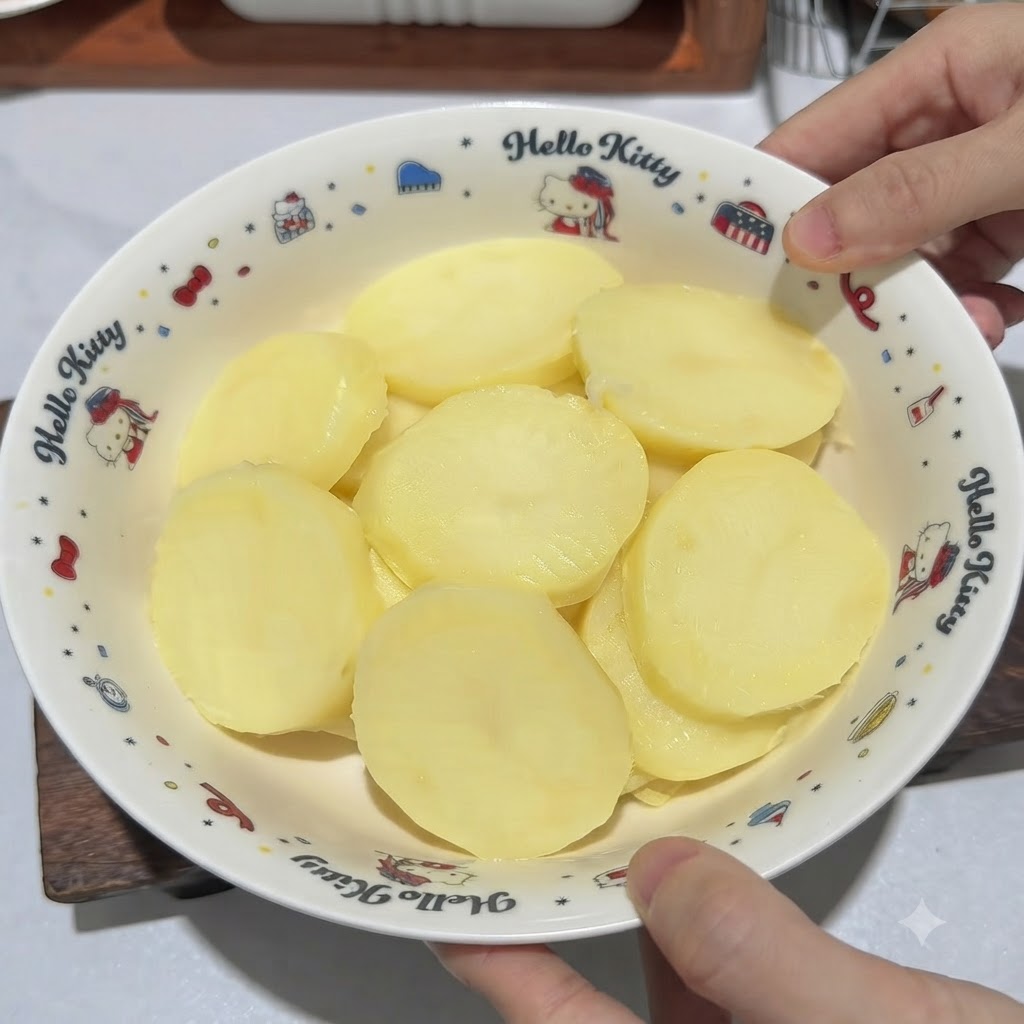 Steamed peeled potatoes in a patterned white bowl being mashed into a puree using a metal potato masher.