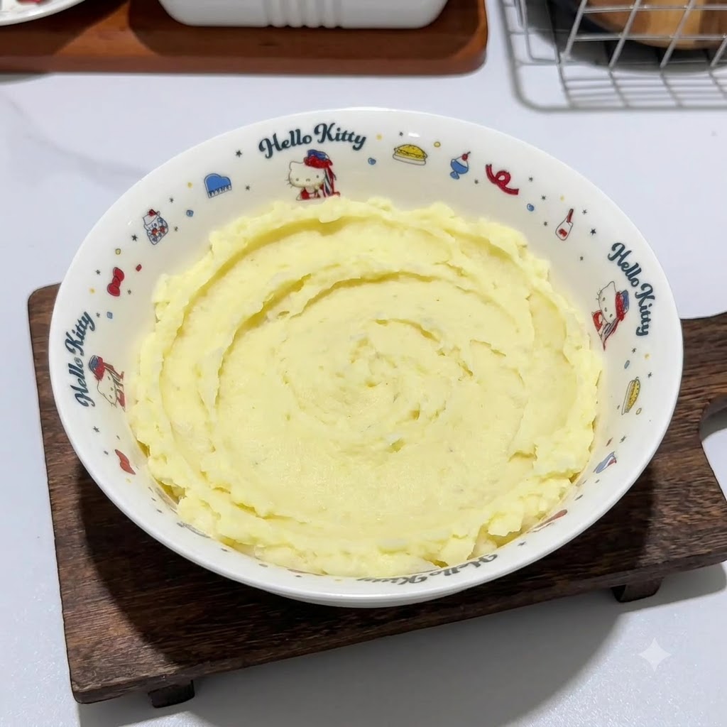 Chopped pink ham sausage pieces and white cornstarch being added from small white plates into the bowl of mashed potatoes.