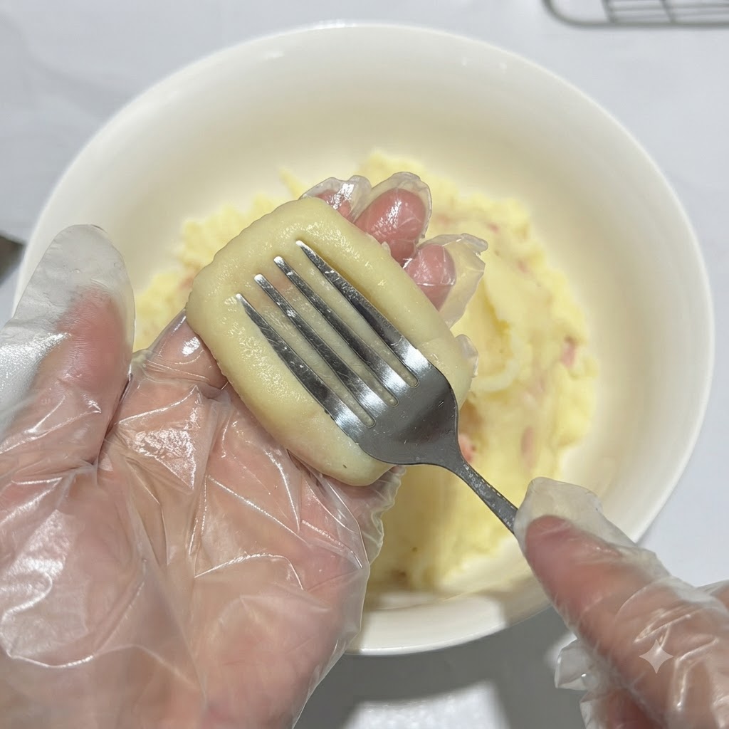 A fork pressing down on the rectangular potato patty to create striped pattern indentations.