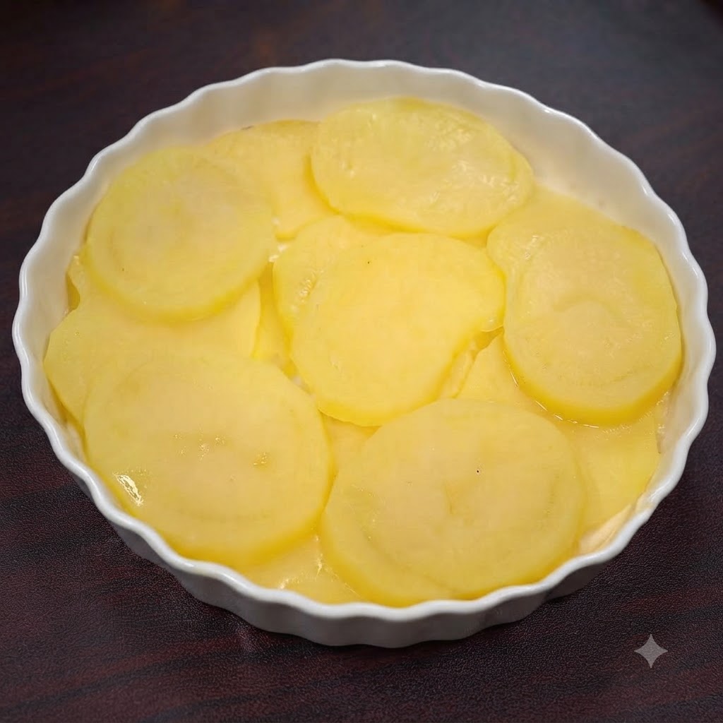 Steamed potato slices mashed smooth inside a white ceramic pie dish.