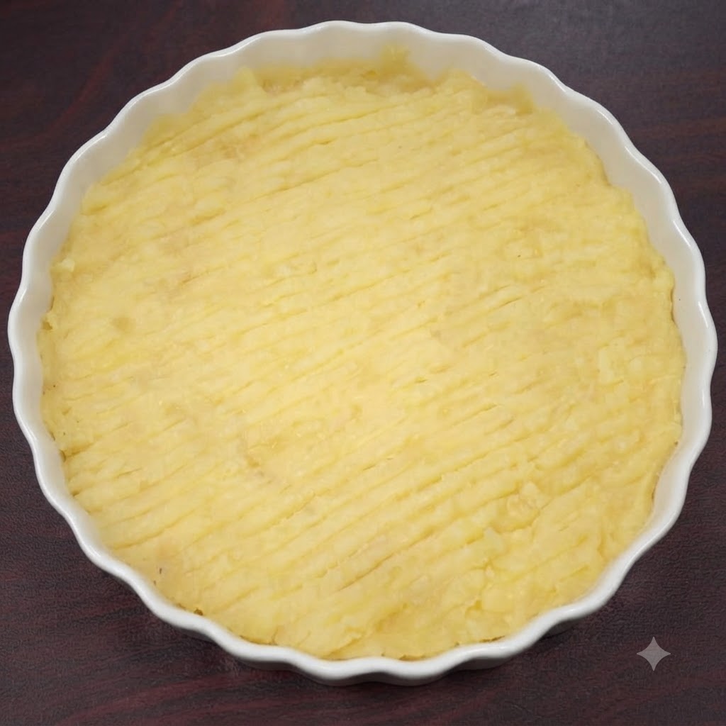 Mashed potatoes in a white dish being seasoned and mixed with a fork.