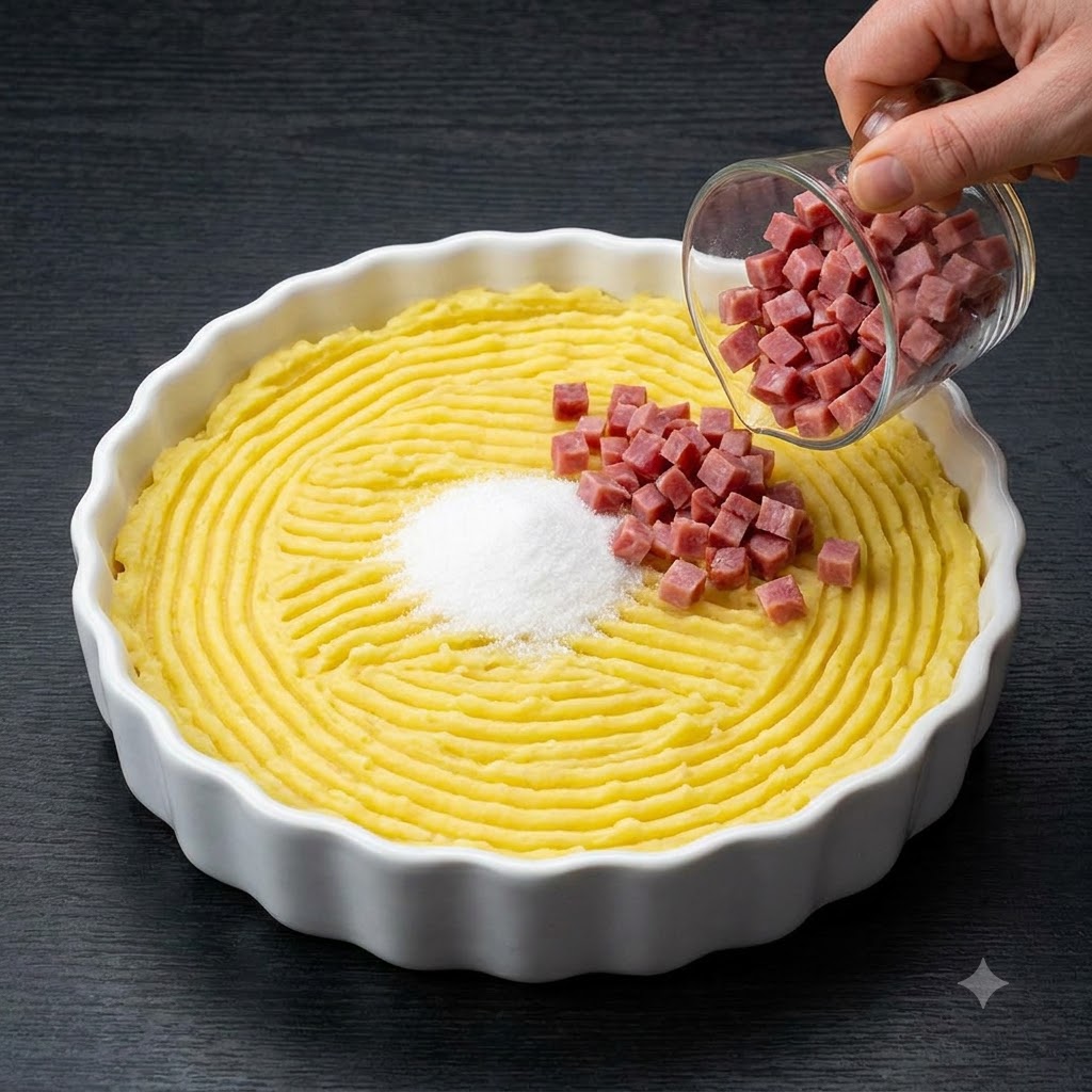 Diced ham being poured from a small glass measuring cup onto seasoned mashed potatoes.