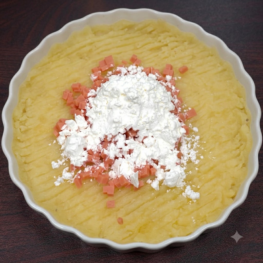 White starch piled on top of mashed potatoes and diced ham inside a white dish.