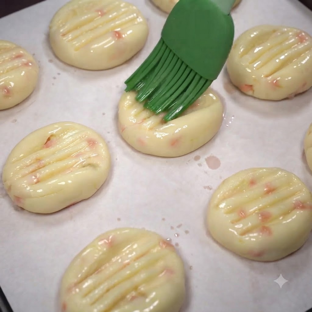 A green silicone basting brush applying cooking oil onto a row of shaped potato patties on a baking sheet.