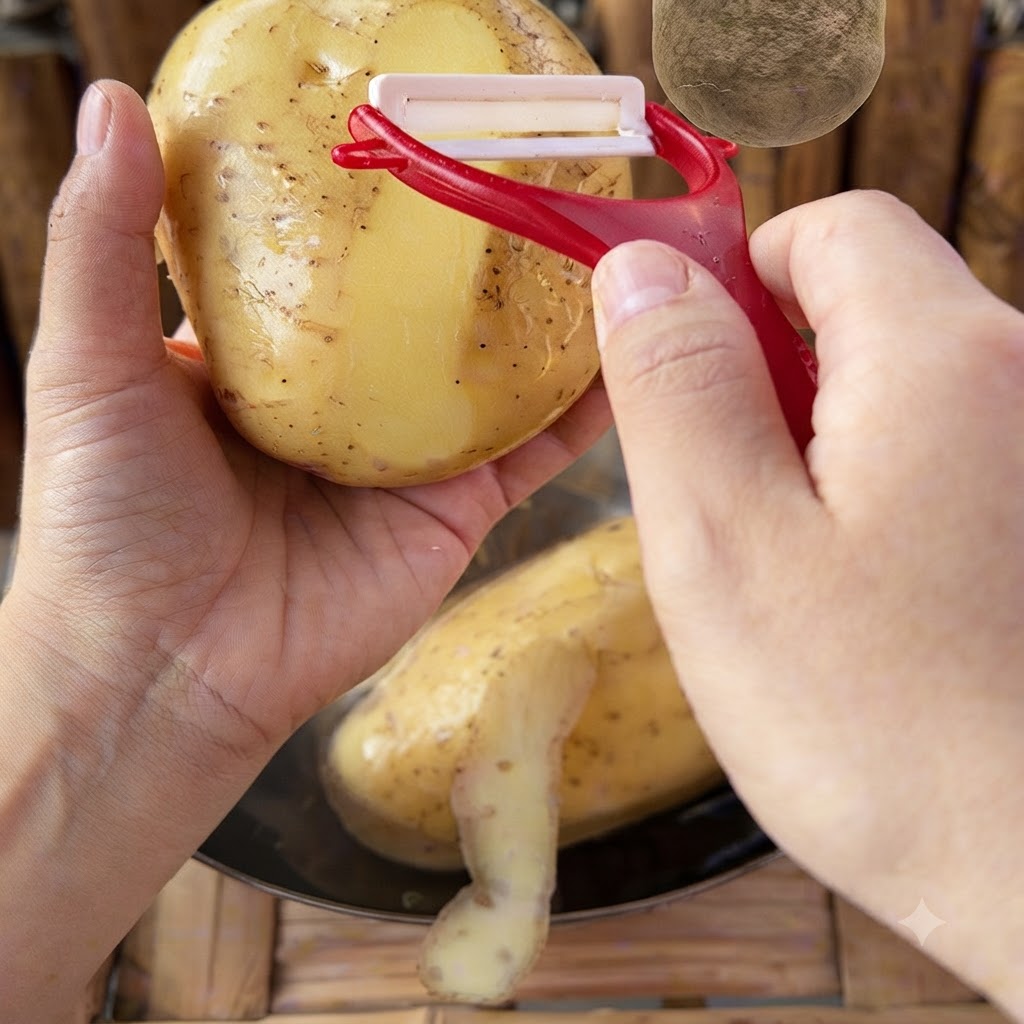 A person peeling a potato with a red vegetable peeler above a metal bowl.