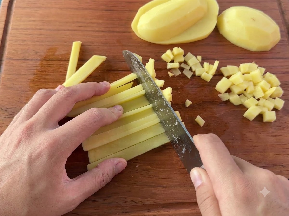 A knife slicing and dicing peeled potatoes into small cubes on a wooden cutting board.
