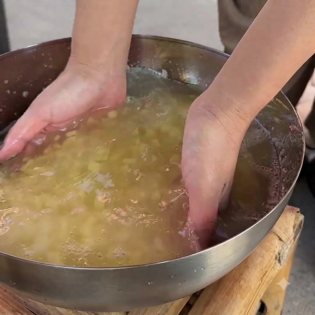 Hands washing small potato cubes inside a large metal bowl of water.
