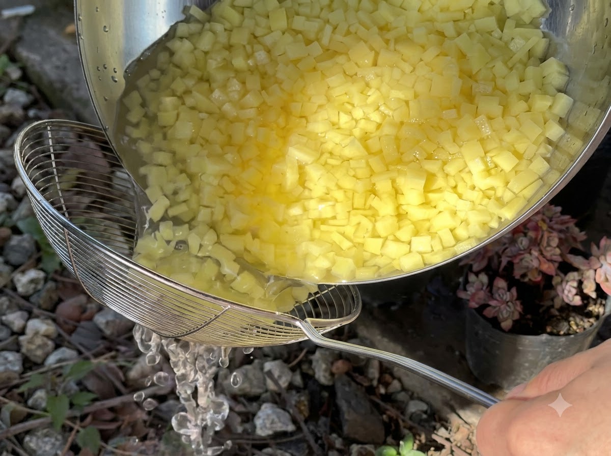 Wet potato cubes being poured from a metal bowl into a mesh strainer.