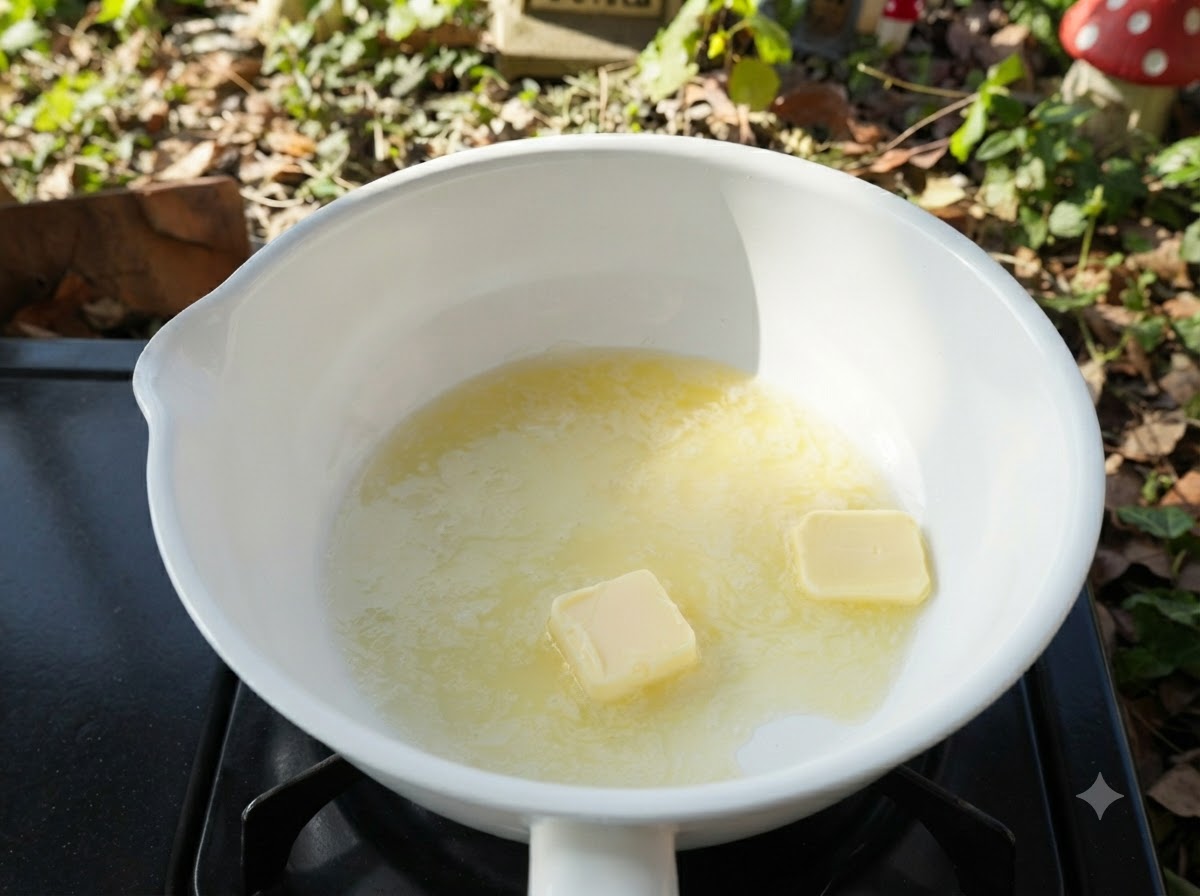 Yellow butter melting inside a white cooking pan on a stove.