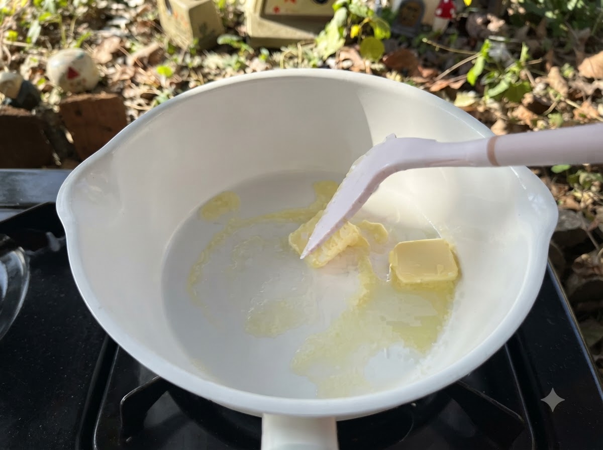 A white spatula moving butter around inside a white pan.